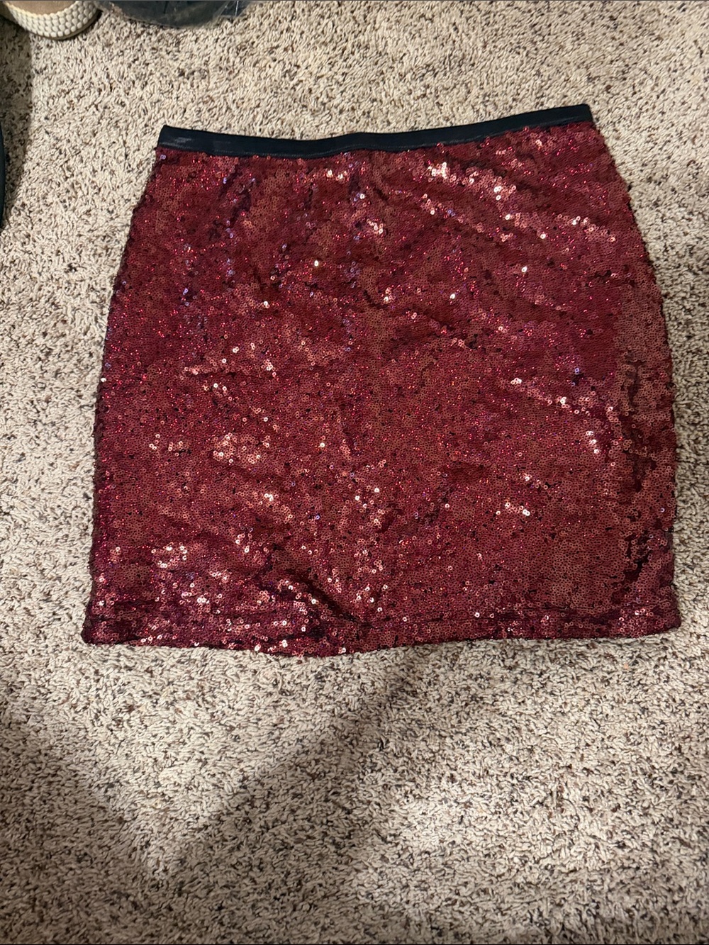 Red Sequin Mini Skirt with Black Waistband